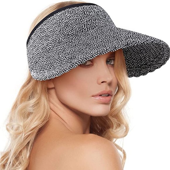 Wide Brim Straw Sun Hat (Roll-up, Packable, Visor) - Black One size fits all - Picture 1 of 13